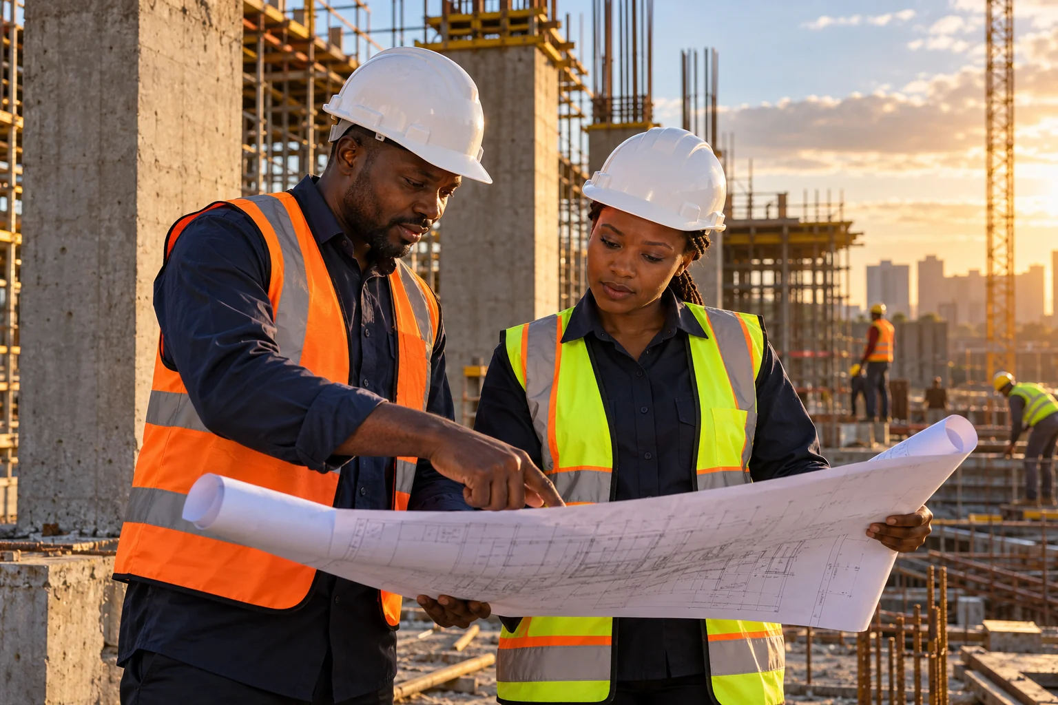 Illustrative construction professionals reviewing drawings
