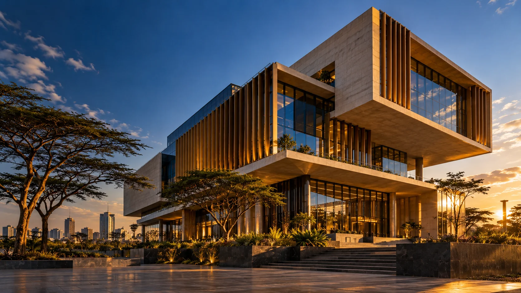 Architectural concept of a modern commercial building with bronze fins