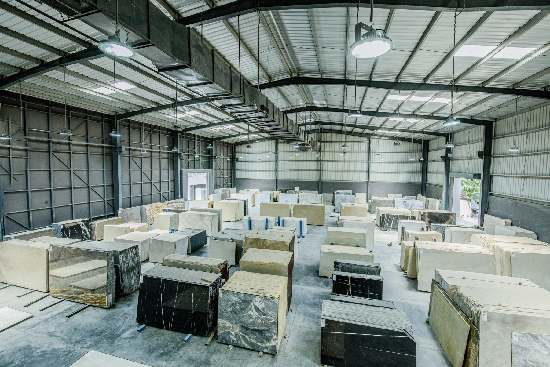 Organised warehouse interior with packaged supplies