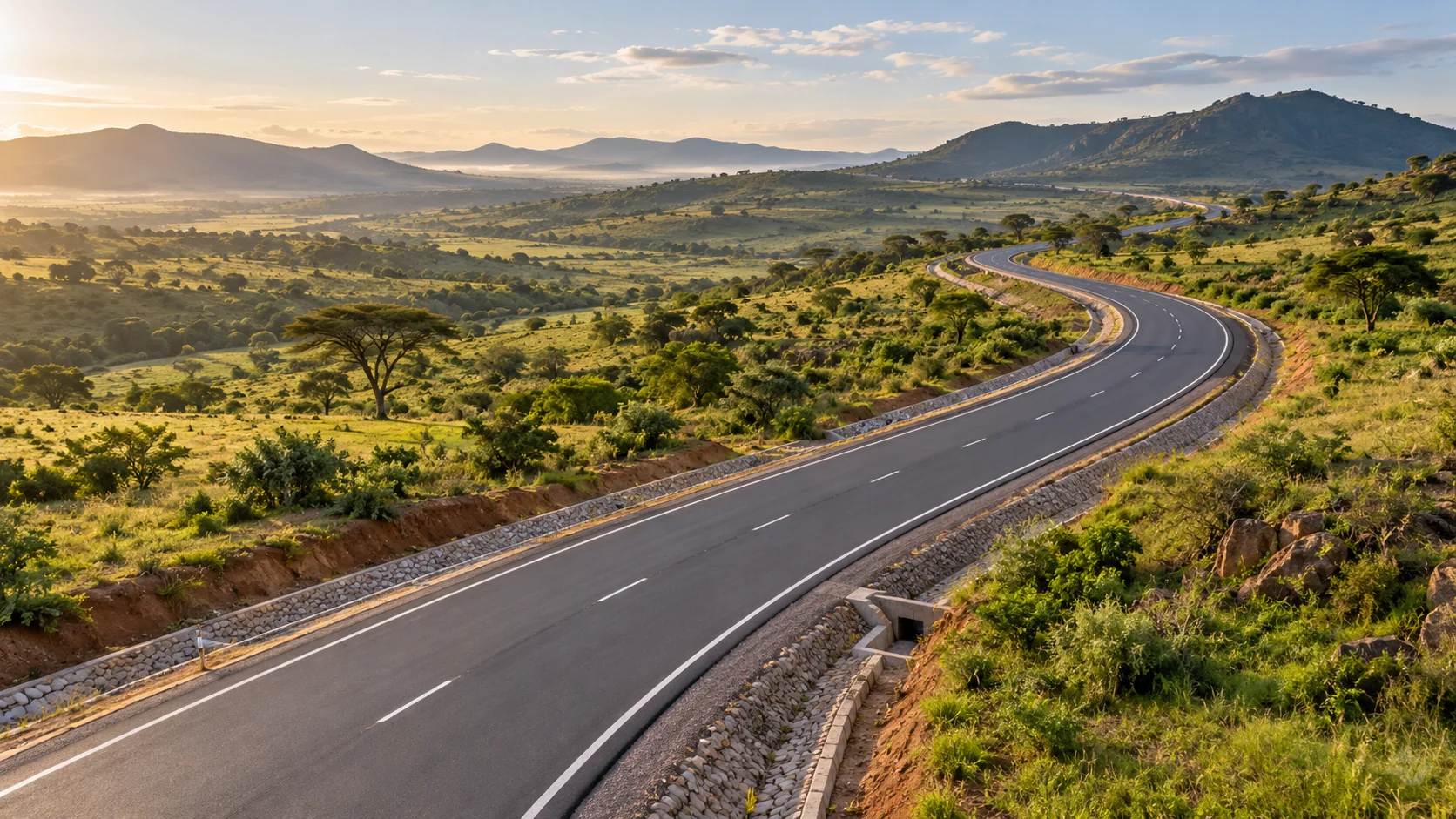 Illustrative road infrastructure through a green highland landscape